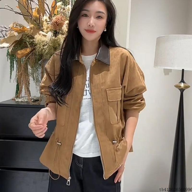 韩版宽松休闲百搭工装风麂皮绒外套女秋季设计感小众夹克上衣收腰