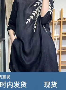 复古重工刺绣棉麻衬衫女夏季宽松开叉休闲中长款轻薄亚麻T恤上衣