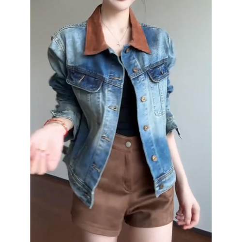 覆古蓝牛仔外套女秋冬2025新款灯芯绒领宽松百搭长袖短款夹克上衣