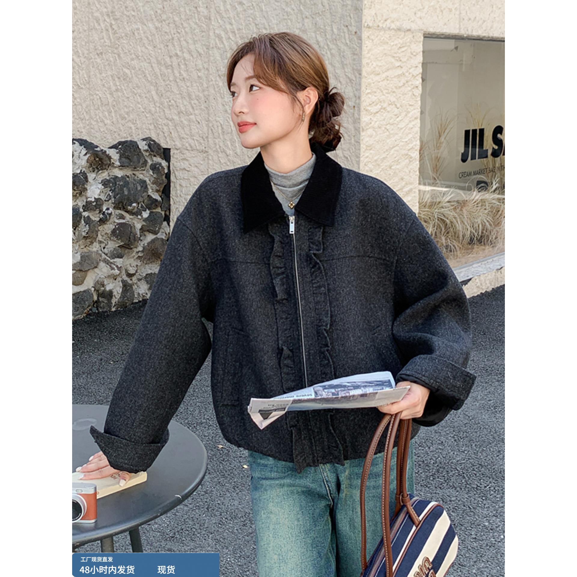 翻领拼接木耳边毛呢外套女2025年秋冬季新款韩版显瘦保暖呢子上衣