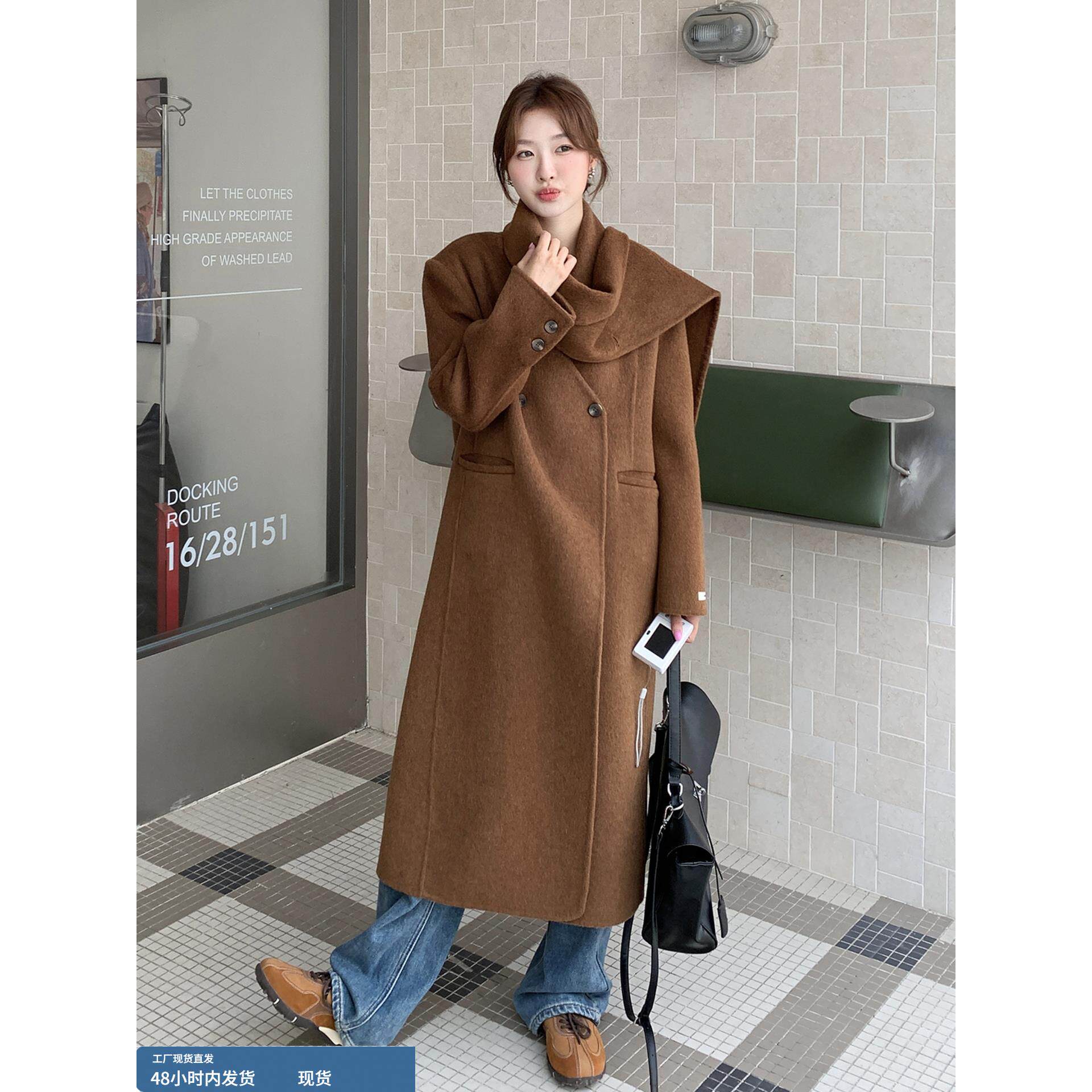 韩版双排扣围巾双面呢大衣女2025秋冬季新款气质保暖显瘦毛呢外套