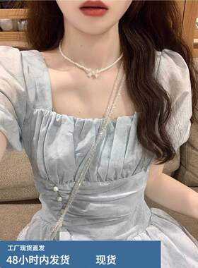 蓝色方领连衣裙女夏季法式小个子温柔气质女神范茶歇收腰仙女长裙