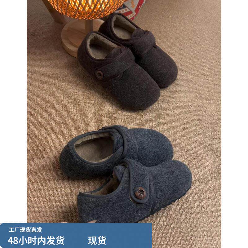 羊毛版~厚底灰色内增高勃肯鞋女韩版毛毛鞋加绒保暖单鞋乐福棉鞋