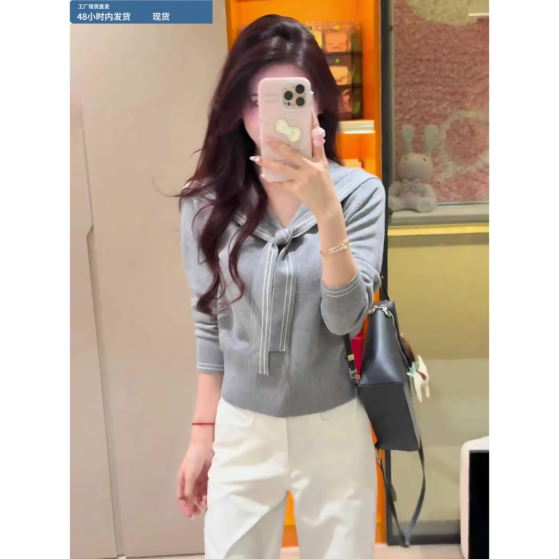 秋装学院风灰色长袖针织衫女2025新款早秋季穿搭韩系海军领上衣女