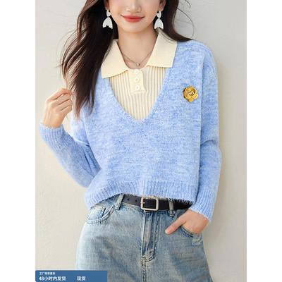 蓝色polo领撞色假两件针织衫女秋冬2025新款独特别致短款上衣毛衣