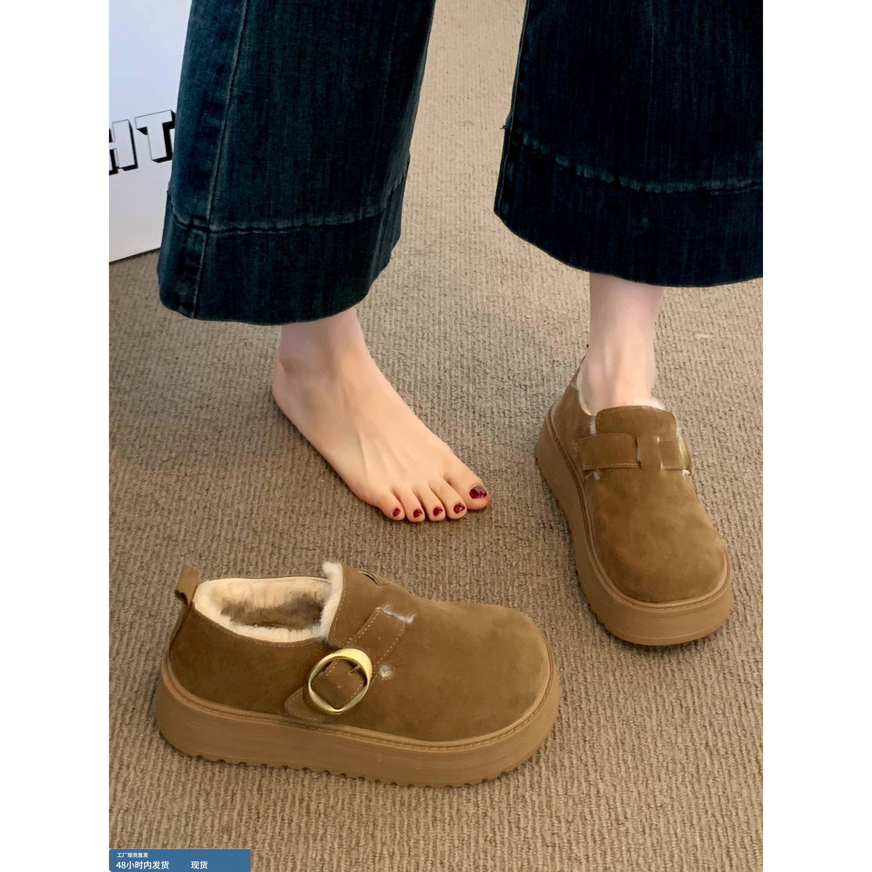 厚底加绒加厚乐福勃肯鞋女毛毛豆豆棉鞋子2025冬季新款保暖雪地靴