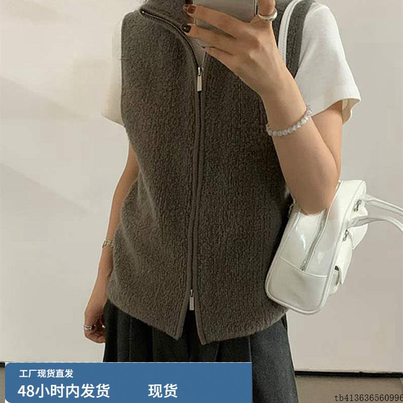 2025秋季大码休闲慵懒风立领针织马甲女拉炼开衫宽松无袖外套上衣