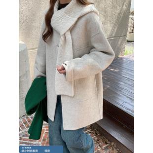 可拆针织连帽围巾双面羊绒大衣女小个子长毛苏丽羊毛呢外套高级感