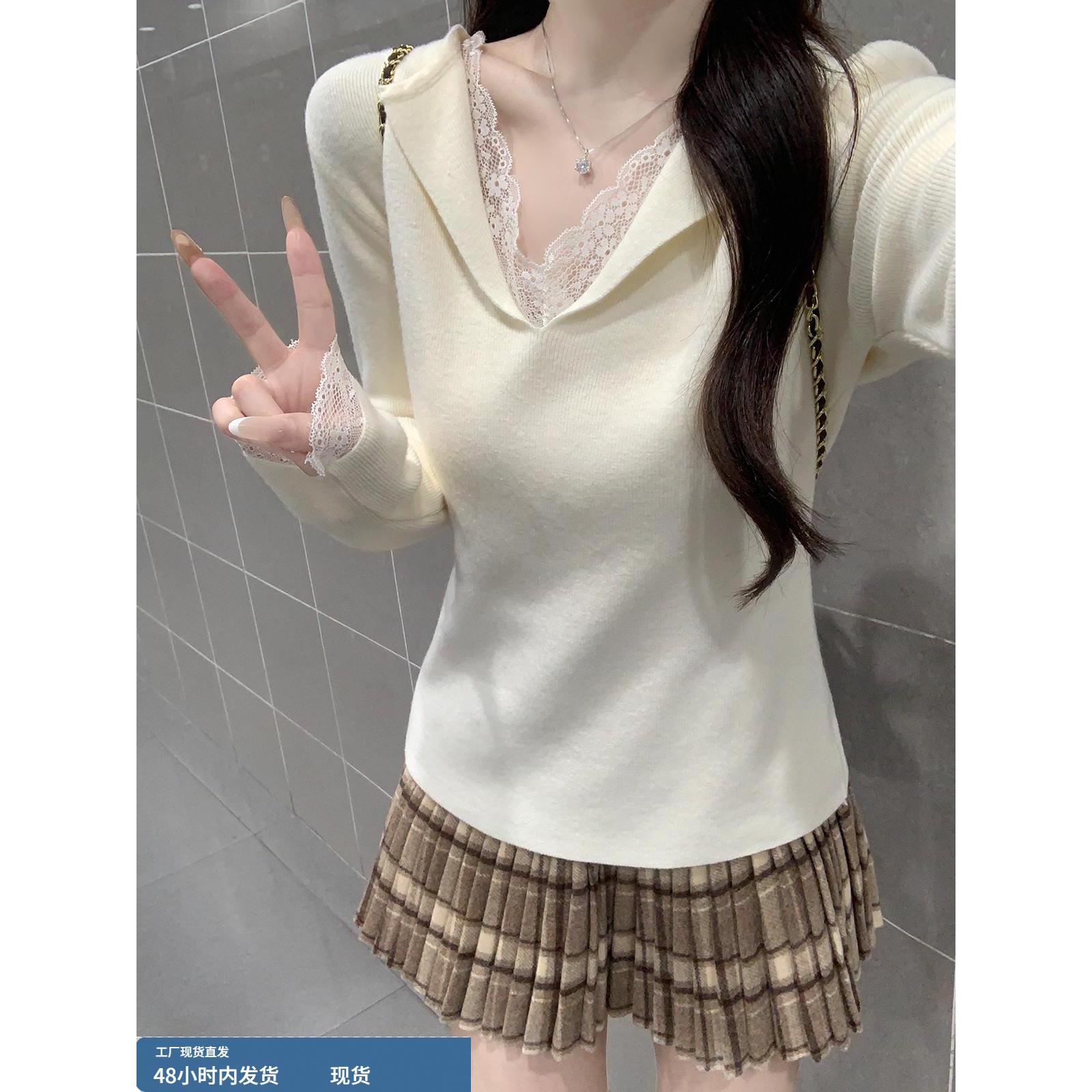 巨好看的早秋穿搭V领蕾丝针织打底衫内搭毛衣女秋冬独特韩系上衣