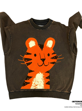 interesting灵魂 卡通可爱虎猫大头照创意美式oversize圆领卫衣