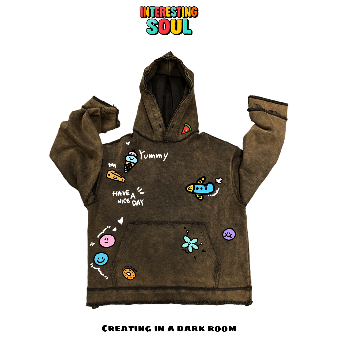 亮色美式动漫卡通奢潮拼接嘻哈设计感原创落肩学生亚文化连帽卫衣