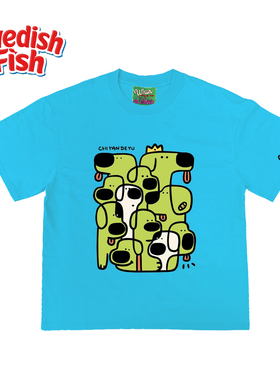 浅湖蓝色！卡通千禧风嘻哈rap原创图案考古240g纯棉欧美短袖T恤