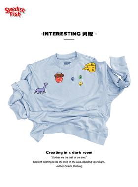 interesting灵魂 卡通亚文化芝士奶酪小恐龙童趣学院风圆领卫衣