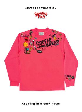 浅麻灰色！高街穿搭涂鸦无性别Ootd全棉重磅长袖T恤美式阿美咔叽