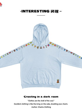 浅湖蓝色！美式趣味卡通字母拼接欧美ins风街头全棉连帽卫衣质感