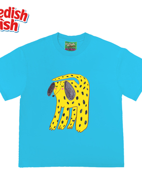 浅湖蓝色重磅！插画卡通黄色斑点狗240g美式阿美咔叽街头学生短袖