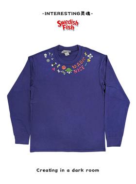 深蓝色！亚文化涂鸦学生y2k小众240g重磅全棉长袖T恤美式无性别