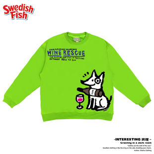 荧光绿 圆领卫衣奢潮 绅士小狗红酒杯街头卡通拼接JHYQ纯棉美式