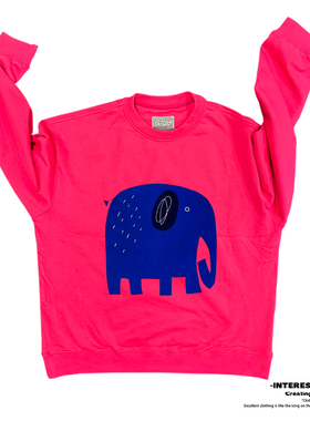 玫粉色！蓝色象长鼻子创意小众高街卡通美式炒盐工艺圆领卫衣