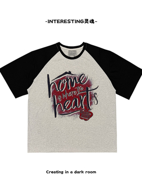 interesting灵魂 欧美ins风街头纯棉oversize阿美咔叽设计插肩袖