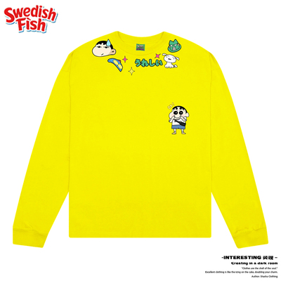 蜡笔小新！卡通趣味学院风宽松设计感拼接童趣上衣潮流长袖T恤