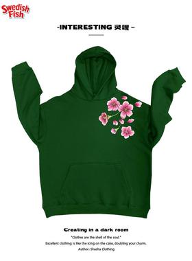 墨绿色！盛开花卉情侣宽松百搭JHYQ上衣插画厚重感全棉连帽卫衣