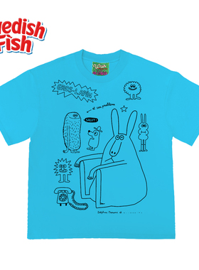 240g浅湖蓝色短袖T恤！美式线稿涂鸦艺术拼接滑板嘻哈rap小众百搭