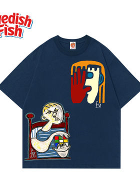 藏蓝色！240g重磅卡通涂鸦千禧风街头嘻哈rap原创奢潮穿搭短袖T恤