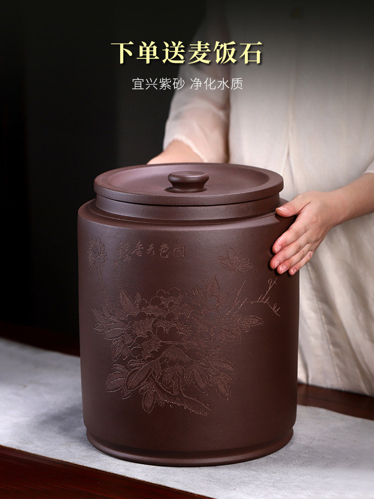 宜兴紫砂水缸家用泡茶储水罐大号龙头净水缸陶瓷过滤抽水茶水桶无