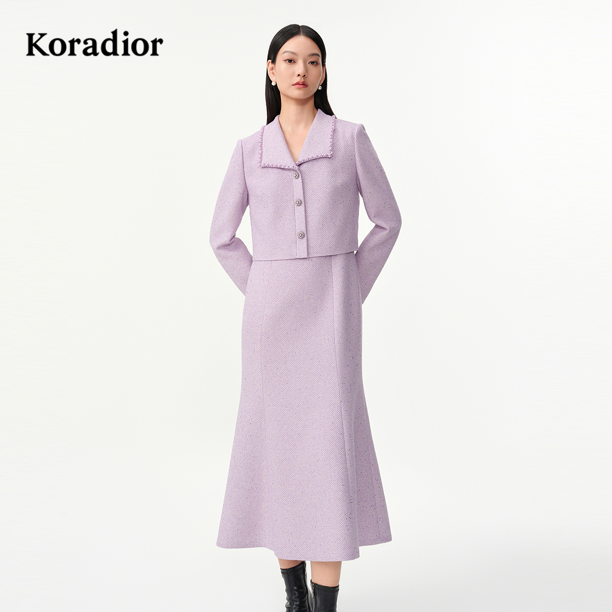 Koradior珂莱蒂尔2026年春新名媛假两件珠片绣修身鱼尾花呢连衣裙