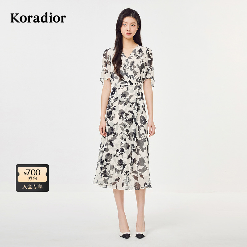 【桑蚕丝】Koradior珂莱蒂尔商场同款2025夏新款气质碎花连衣裙女
