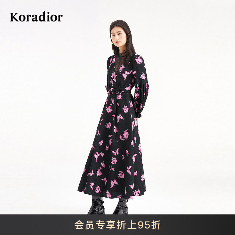 【蝶恋花境】Koradior珂莱蒂尔商场同款2025冬法式印花长袖连衣裙,女装/女士精品,连衣裙,淘宝优惠券,粉丝福利购,淘宝优惠卷