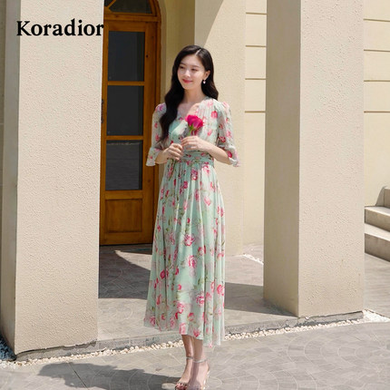 【6A桑蚕丝】Koradior珂莱蒂尔商场同款25夏浪漫玫瑰度假风连衣裙