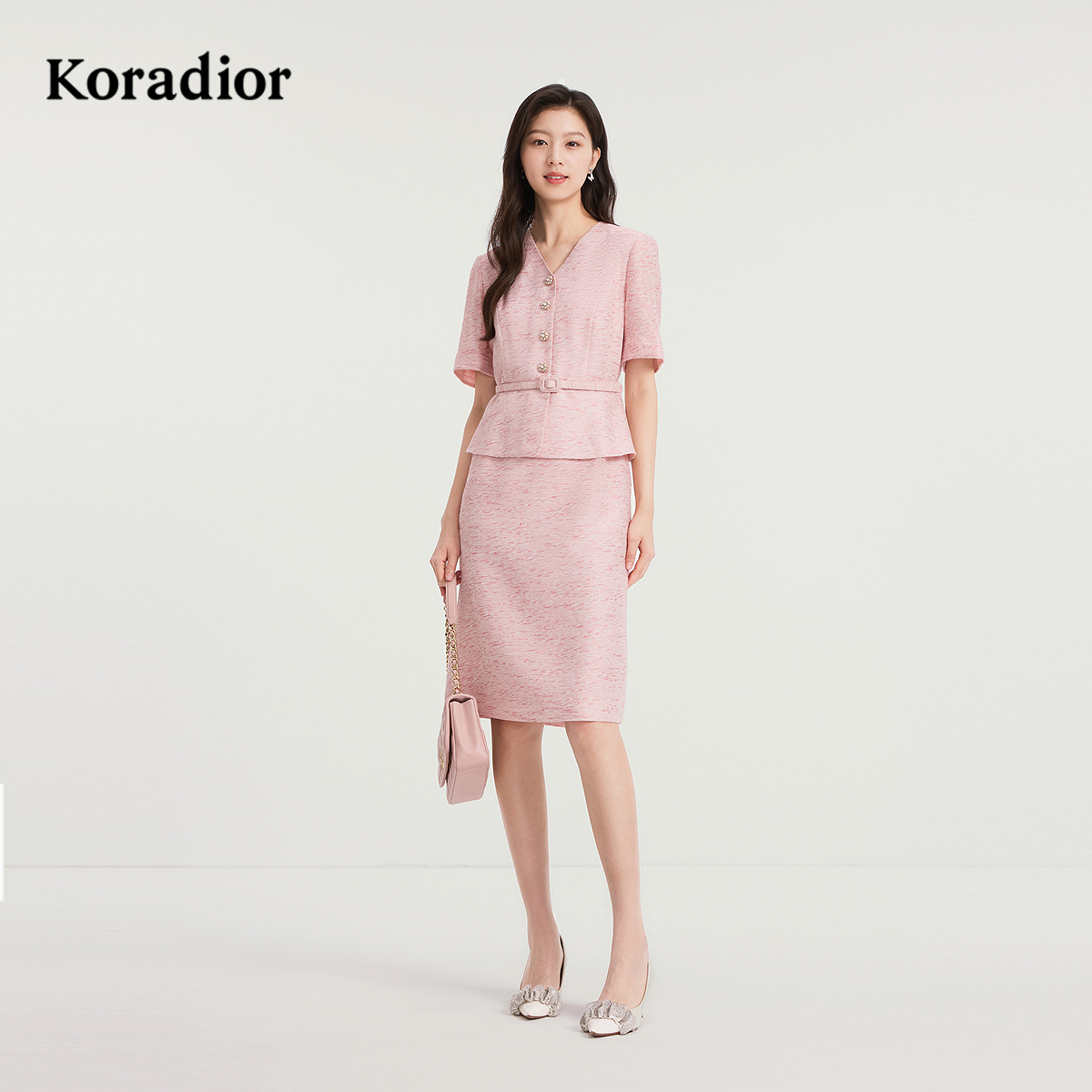 Koradior珂莱蒂尔商场同款2025夏气质收腰显瘦假两件香风连衣裙女