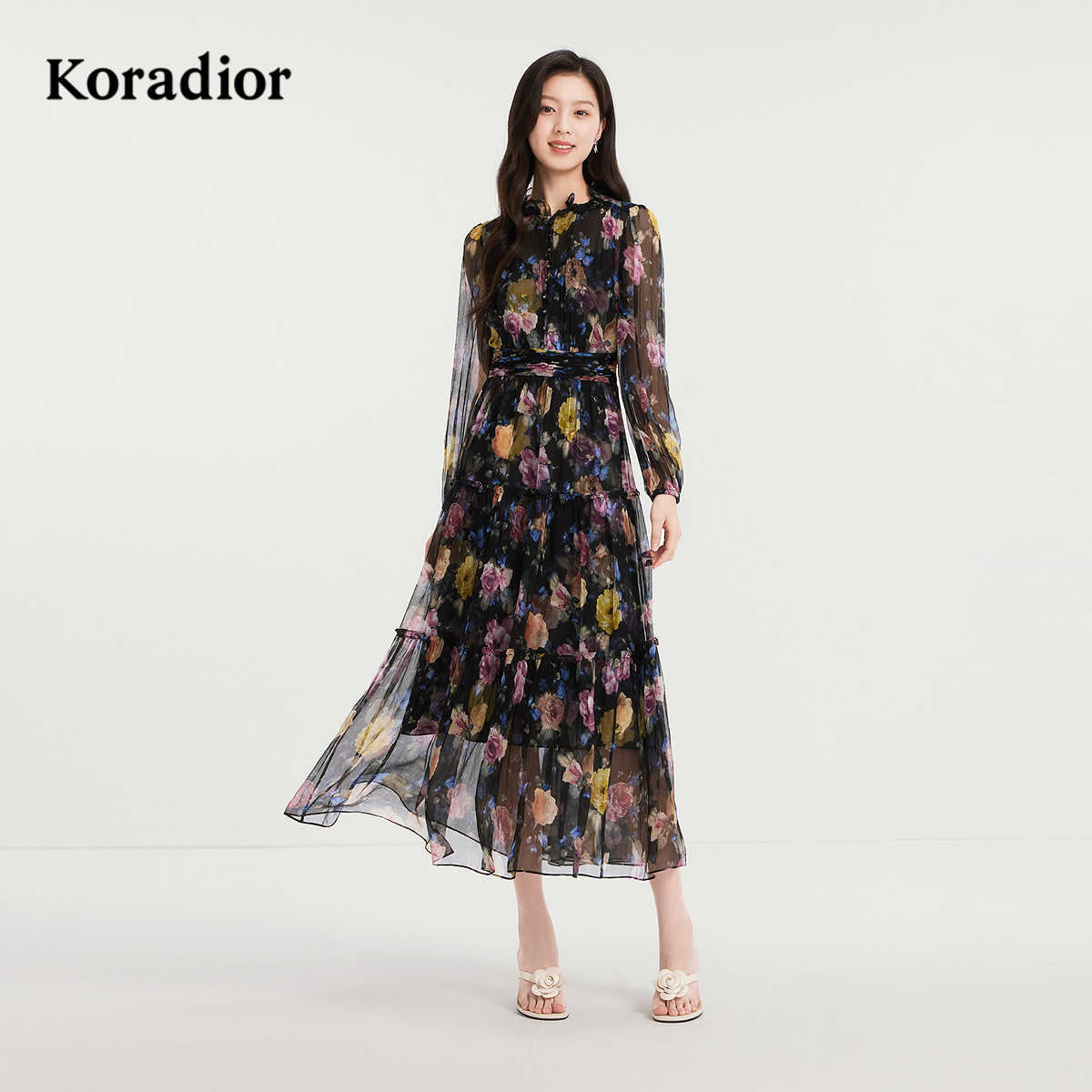【100桑蚕丝】Koradior珂莱蒂尔商场同款2025秋季油画真丝连衣裙