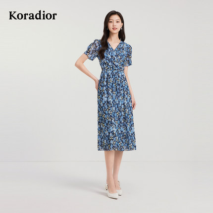 Koradior珂莱蒂尔商场同款2025夏闪光钻石网浪漫碎花度假风连衣裙