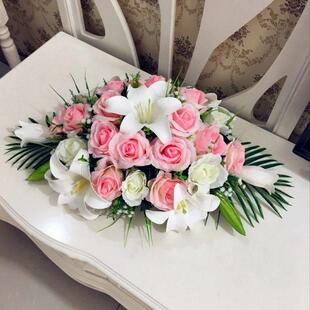 彷真桌花百合玫瑰假花办公室装饰花艺商务酒店摆设会议接待长桌花