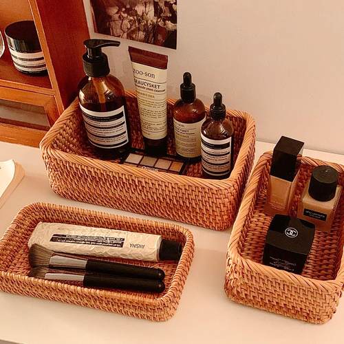 ins覆古高品质藤编桌面收纳盒化妆品整理盒杂物篮子置物架收纳筐