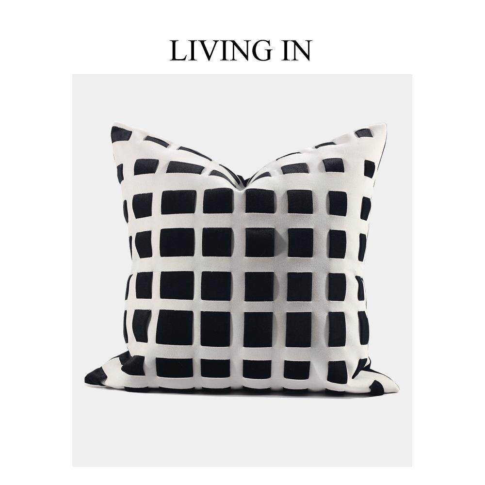 现代简约黑白色编织格抱枕轻奢意式高级感软装沙发客厅床头靠垫套
