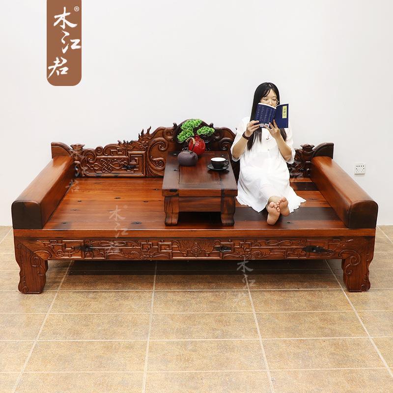 老船木罗汉床实木民宿禅意双人床榻客厅新中式躺椅懒人沙发榻榻米