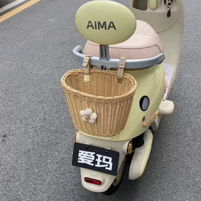 太阳花电动车前置车筐手工藤编收纳筐通用电瓶车自行车复古车筐