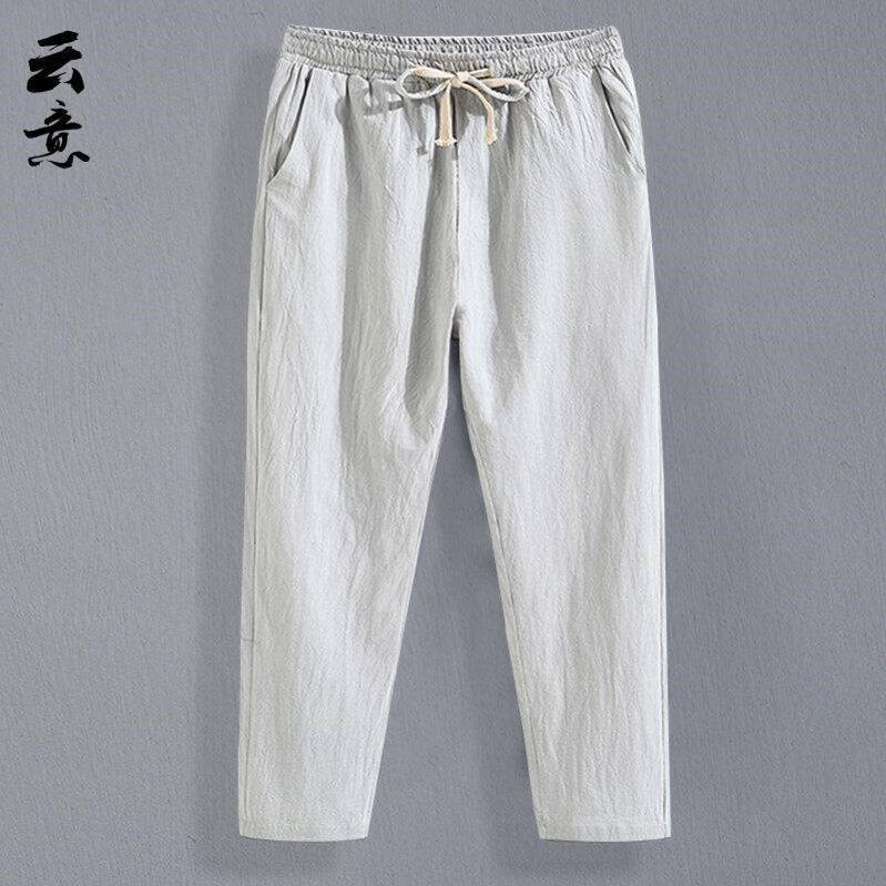 男士夏季亚麻九分裤男宽松直筒休闲裤薄款9分棉麻裤潮流青年裤子