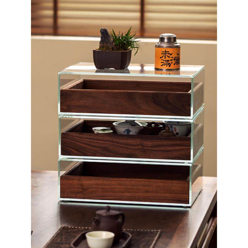 北美黑胡桃木实木牙科茶具防尘收纳盒桌面展示柜钢化玻璃榫卯结构