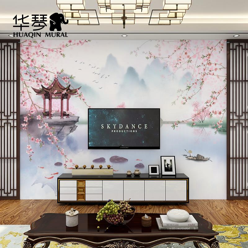 新中式水墨山水电视背景墙壁纸壁画茶室书房客厅沙发床头墙纸墙布