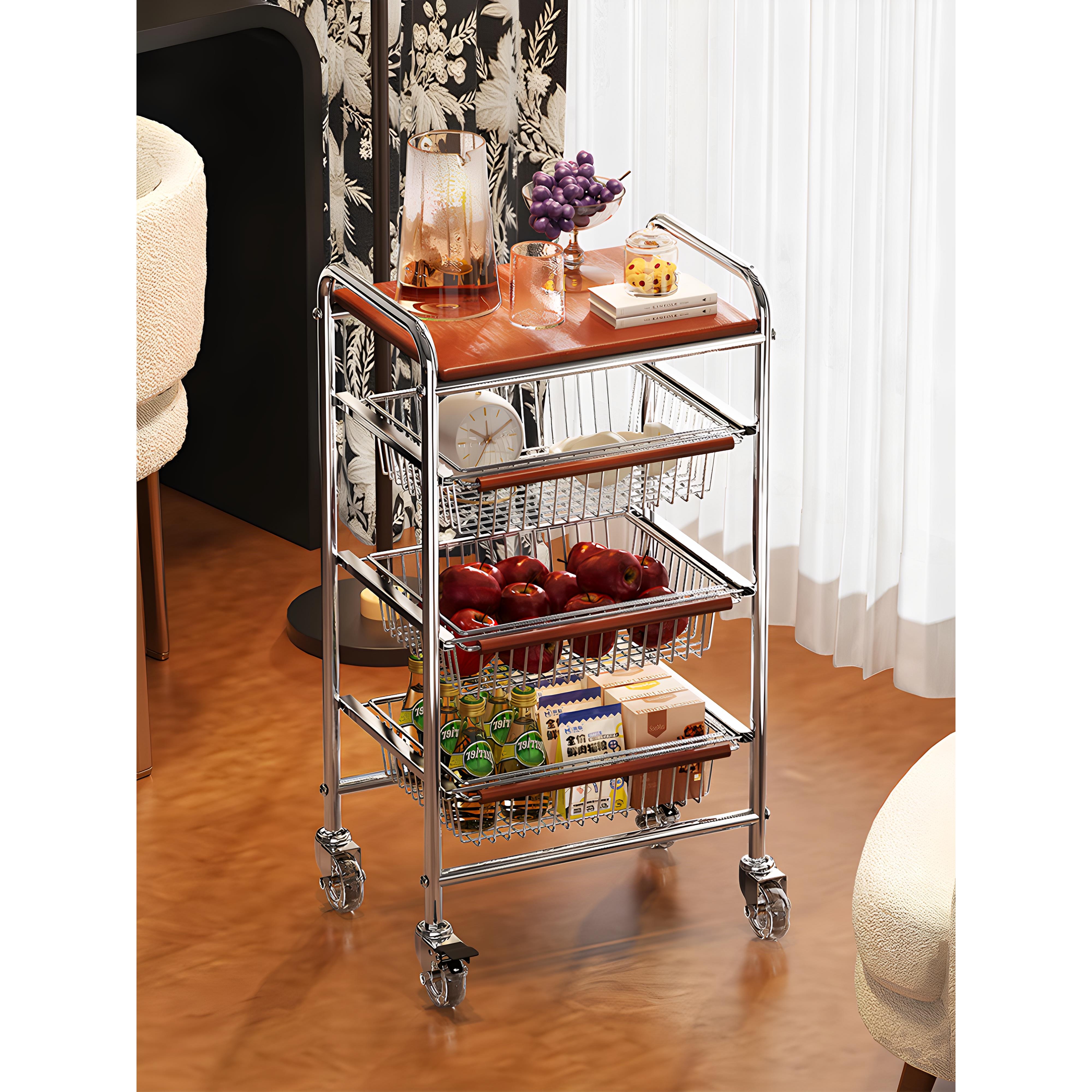 304不锈钢家用多层零食置物架小推车落地可移动卧室客厅收纳架子