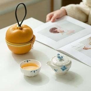 纯手绘蝴蝶兰花快客杯户外创意便携旅行茶具陶瓷泡茶壶茶碗茶杯