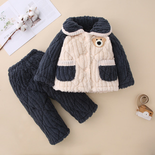 儿童睡衣男孩冬季三层夹棉加绒加厚法兰绒中大童女童珊瑚绒家居服