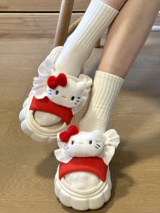 hellokitty亚麻拖鞋女学生宿舍厚底踩屎感凉鞋库洛米居家室内一字