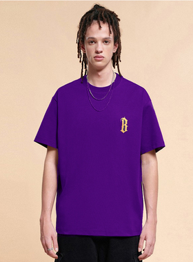 BONE LESS潮牌折扣基础金色印花紫色短袖大B字母T恤男女同款短袖