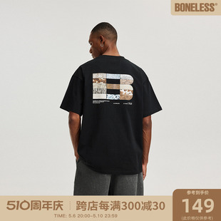 BONELESS美式高街肌理图案拼块印花短袖圆领T恤夏季男女宽松体恤